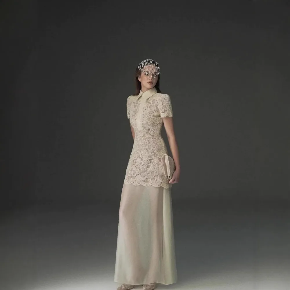 Luxury Embroidery Lace Maxi Dress Lapel Hollow Out Gauze Patchwork Short Sleeve Formal Evening Party Banquet Dresses 2026 New