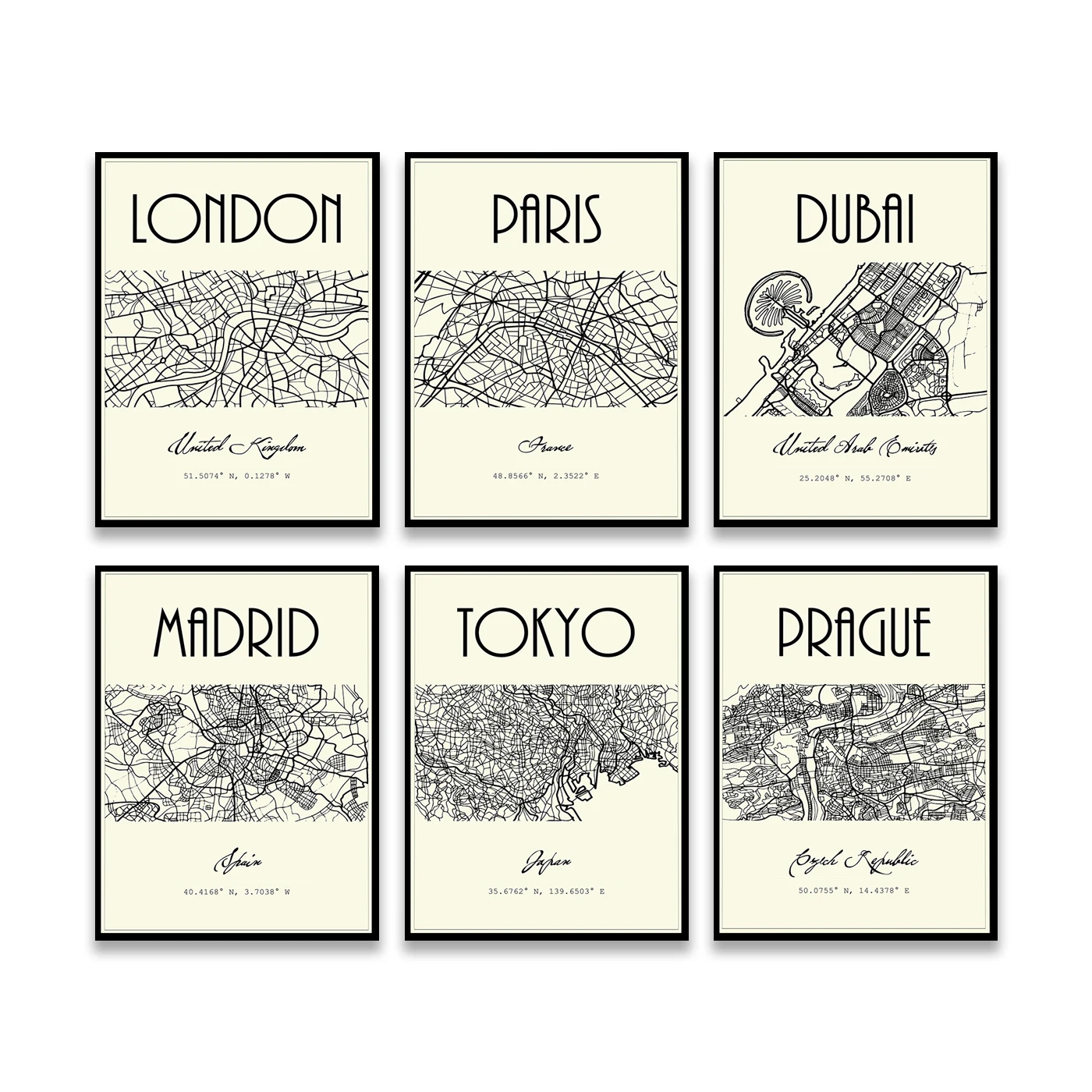 Praga Tokio Madrid París Dubai Chicago Montreal Londres. Mapa de la calle de la ciudad. Póster artístico para decoración de pared del hogar