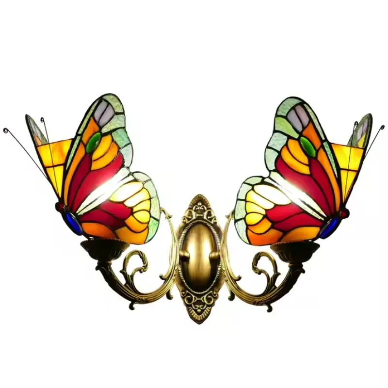 

Tiffany Double Heads Lights Handmade Modern Style European Wall Lights Butterfly Bedroom Living Room Hallway LED Wall Lamp