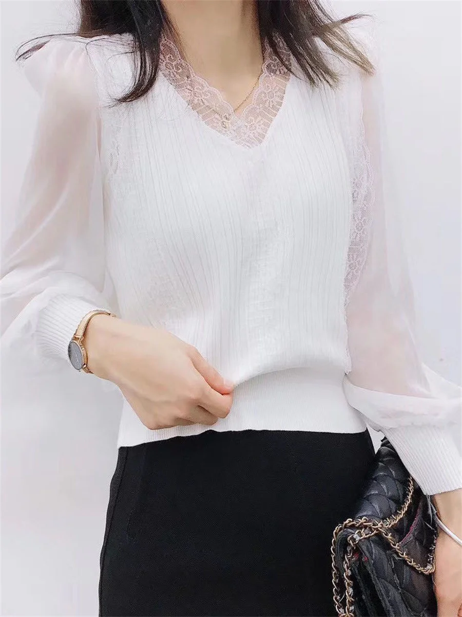 Women Spring Autumn Style Blouses Tops Lady Casual Long Sleeve V-Neck Lace Blusas Tops DF4452