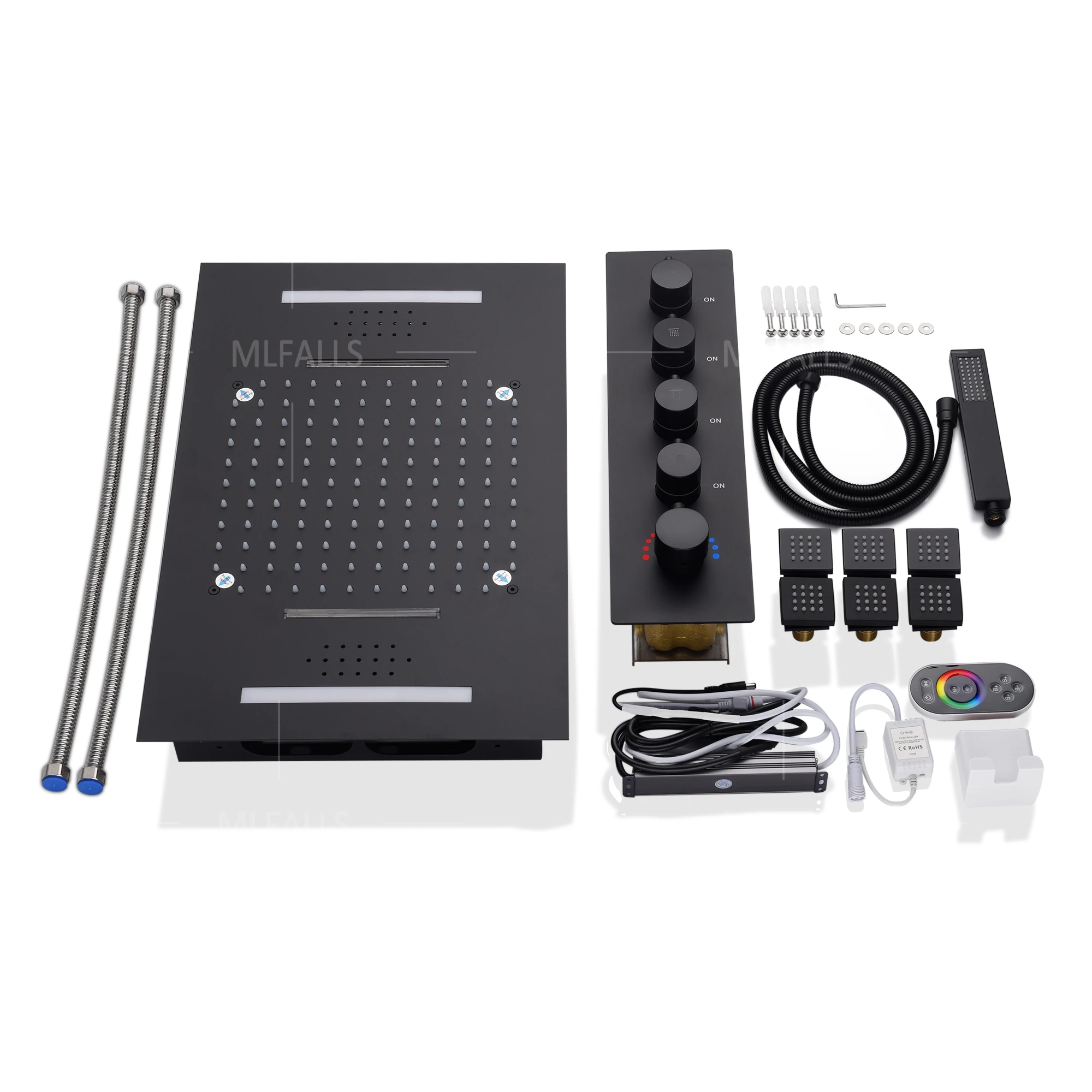 

Bathroom Led Rainfall Shower Set 380*580mm Embed Ceiling Rain Showerhead Set Thermostatic Diverter Valve With Massage Body Jets