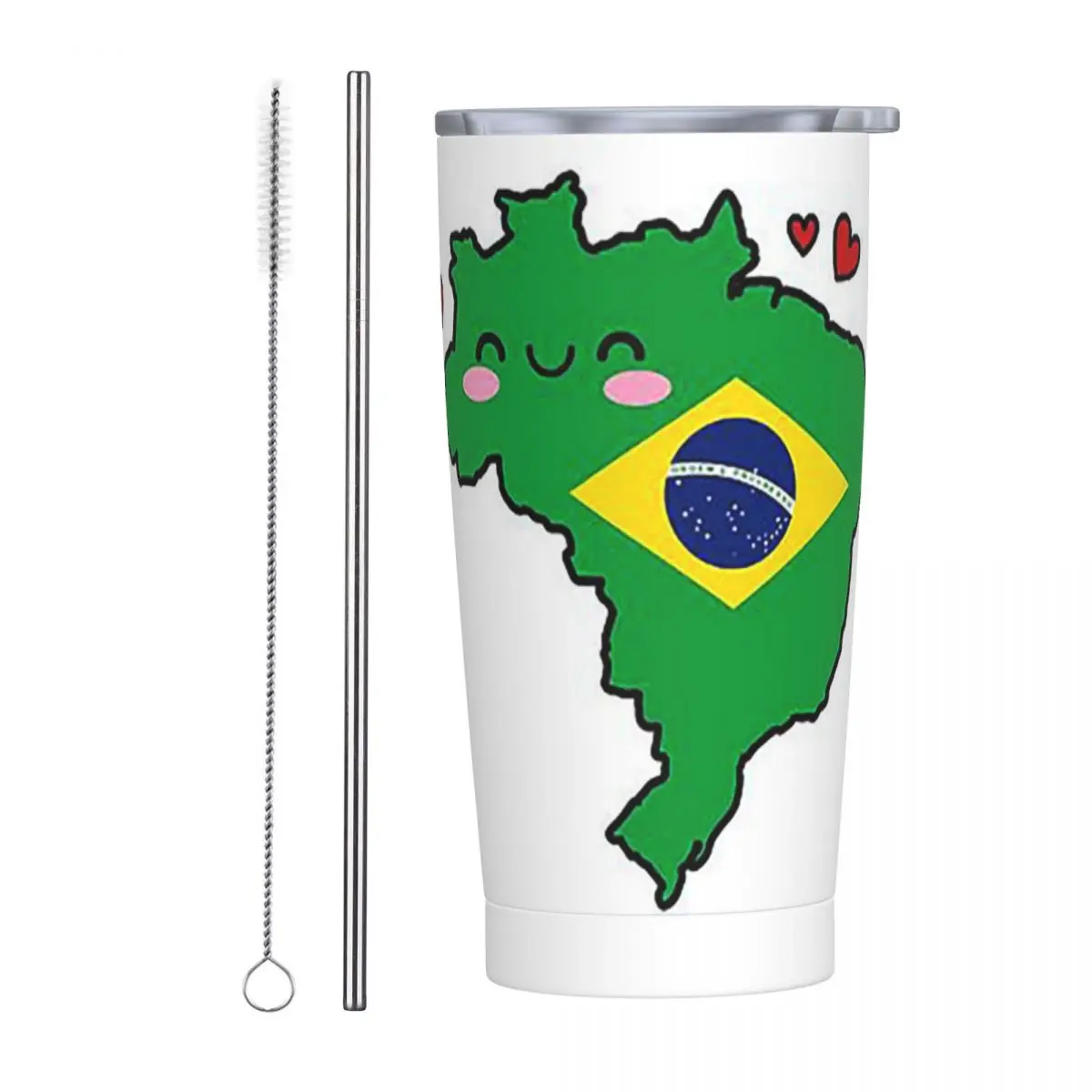 Brazil Flag Map Smile With Love Stainless Steel Tumbler Vacuum Insulated Mugs Thermal Cold Cups Straws With Lid 20oz