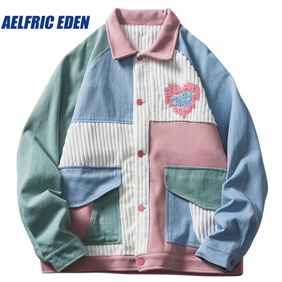 

Aelfric Eden Color Block Patchwork Corduroy Heart Varsity Jacket Y2K HipHop Streetwear 2023 Autumn Harajuku Casual Jacket Coat