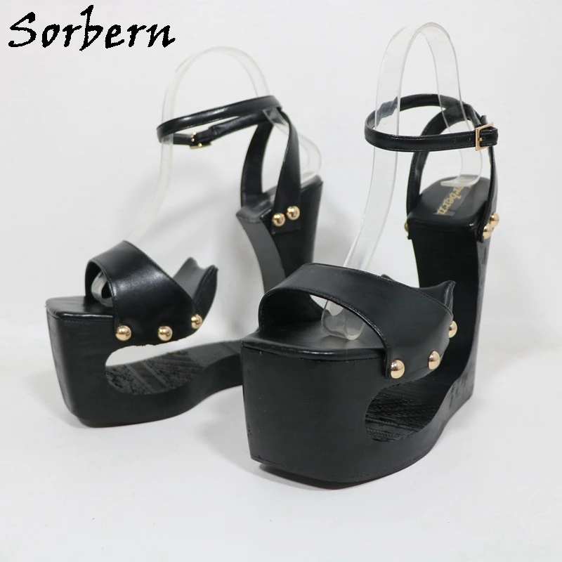 Sorbern الأسود الجوف خارج إسفين النساء الصنادل Slingback أحذية الصيف إسفين عالية الكعب مخصص الألوان الذهب المسامير #2