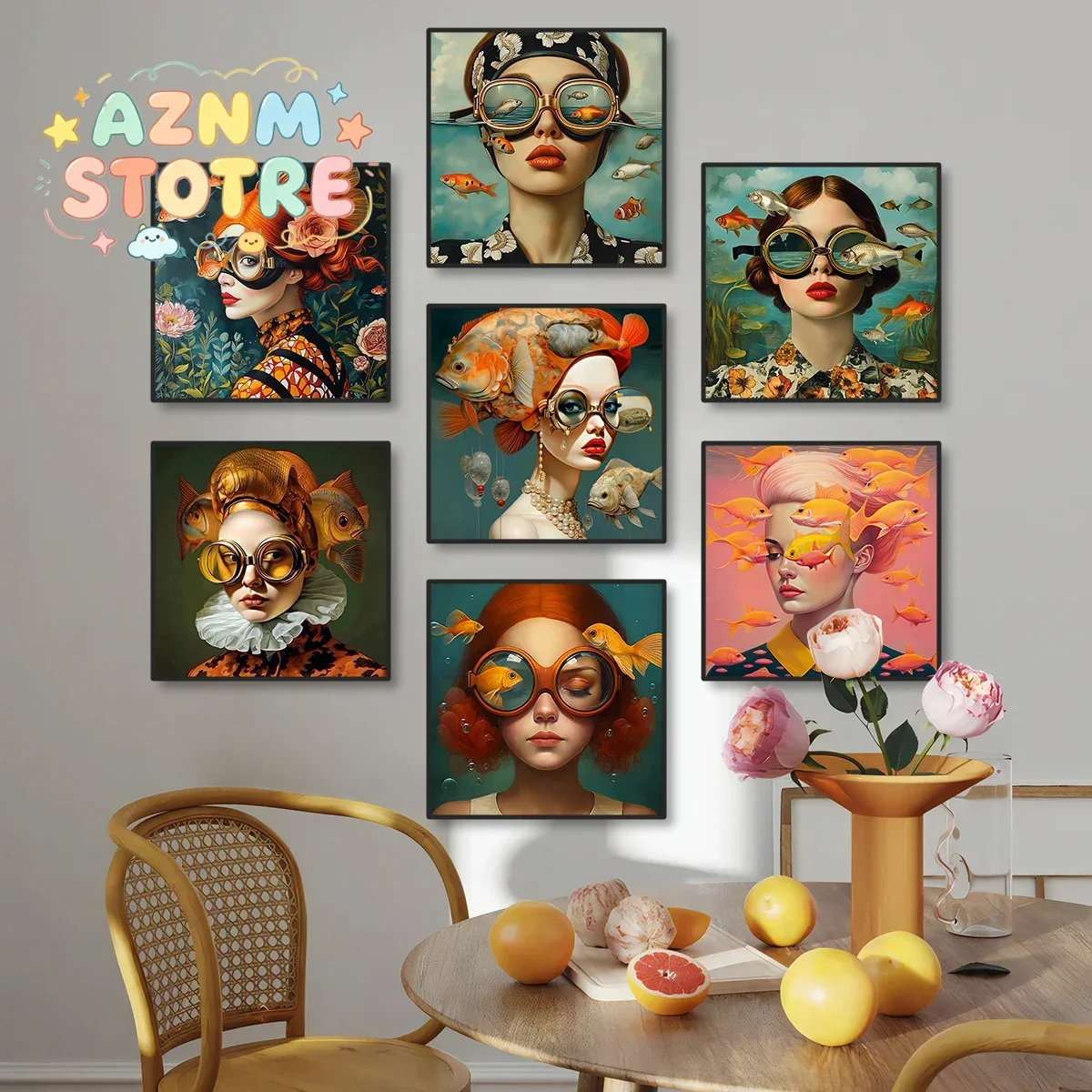 Beautiful ocean underwater girl wearing glasses pattern suitable for living room bedroom study canvas painting literary style