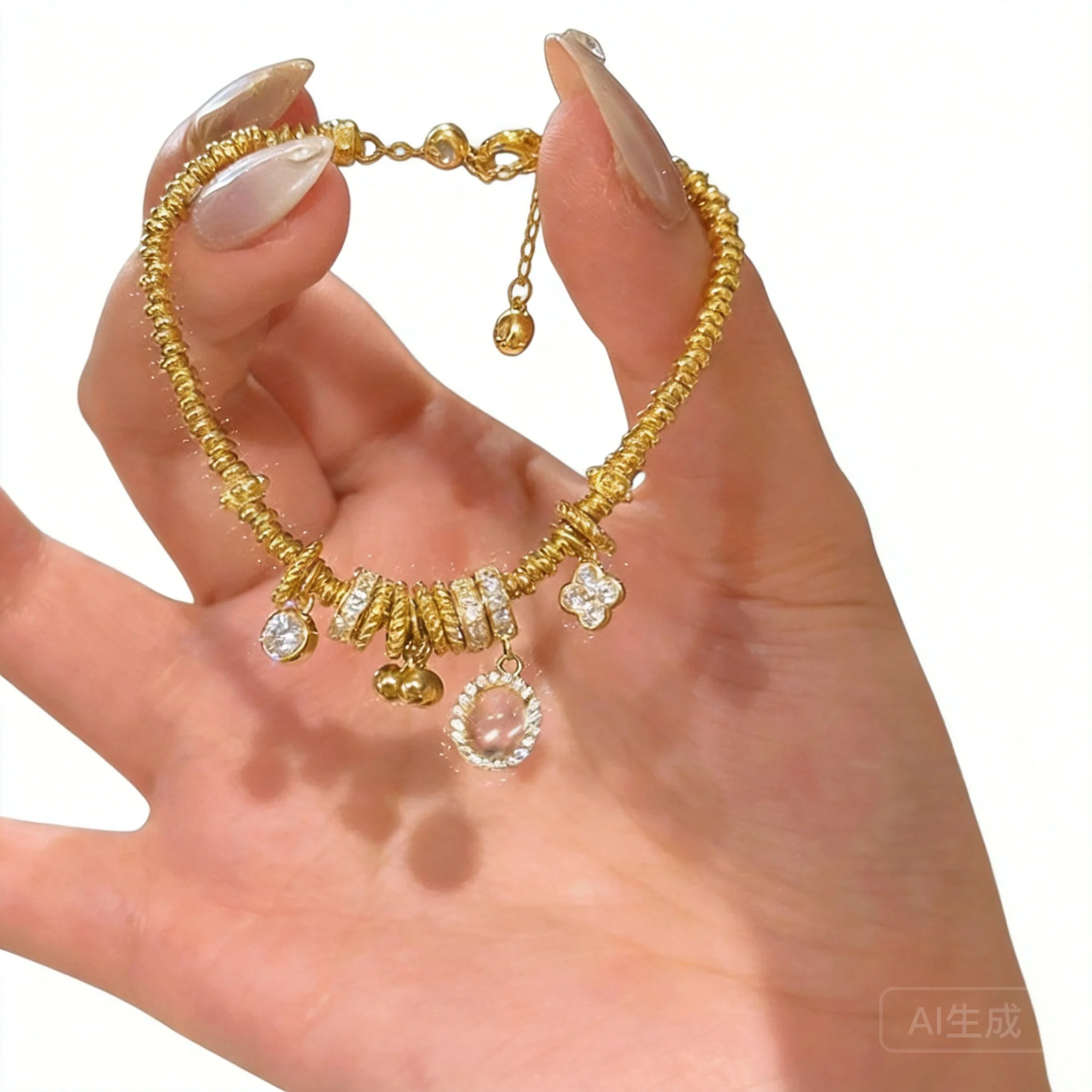 

24k Real Gold Plated Chinese Style Lucky Four Leaf Clover Icy Glass Charm Bracelet For Women Blessing Wealth Good Fortune Adjust