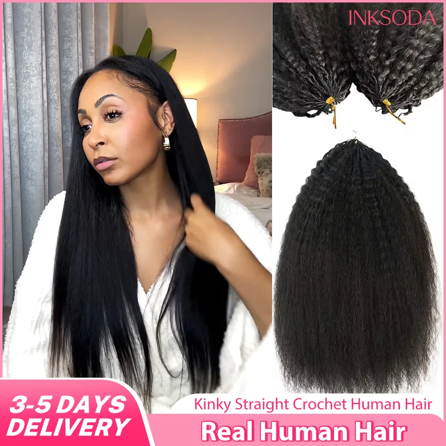 30 Inch Kinky Straight Crochet Human Hair Natural Color Reusable Knotless Pre-Separated Feather Crochet Human Hair Extensions