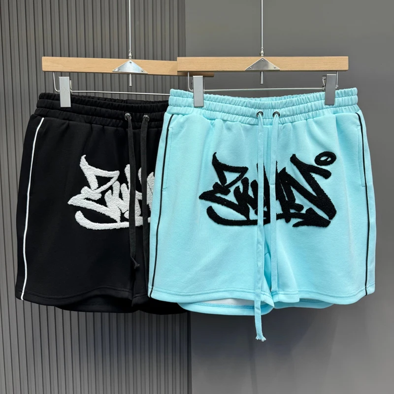 

American Streetwear Blue Black Embrodiery Towel Lable Shorts Men Women Classic Metal Rings Drwastring Loose Straight Shortpants