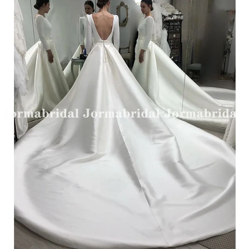 

Simply Chic Mikado A-line Wedding Dress with Long Sleeves Low Open Back Long Train Church Bridal Gowns for Women Winter Wedding