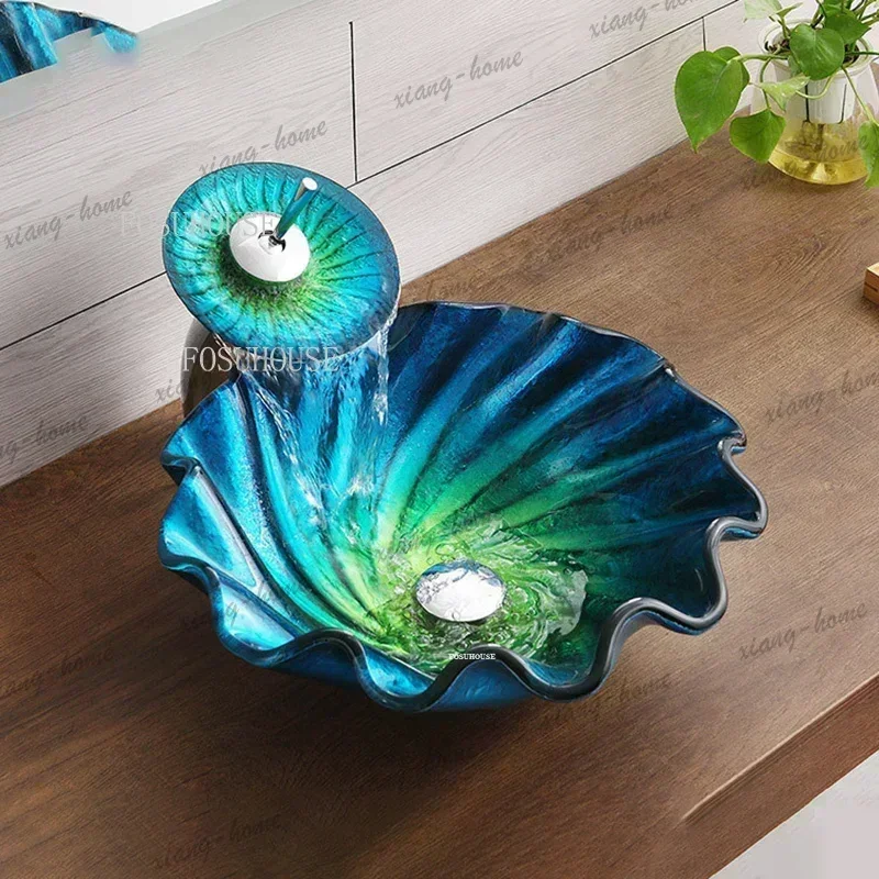 PG Creative Blue Round Bathroom Sinks Art Basin Above Counter Tempered Glass Wash Basin Home Toilet Bathroom Fixtures Sink