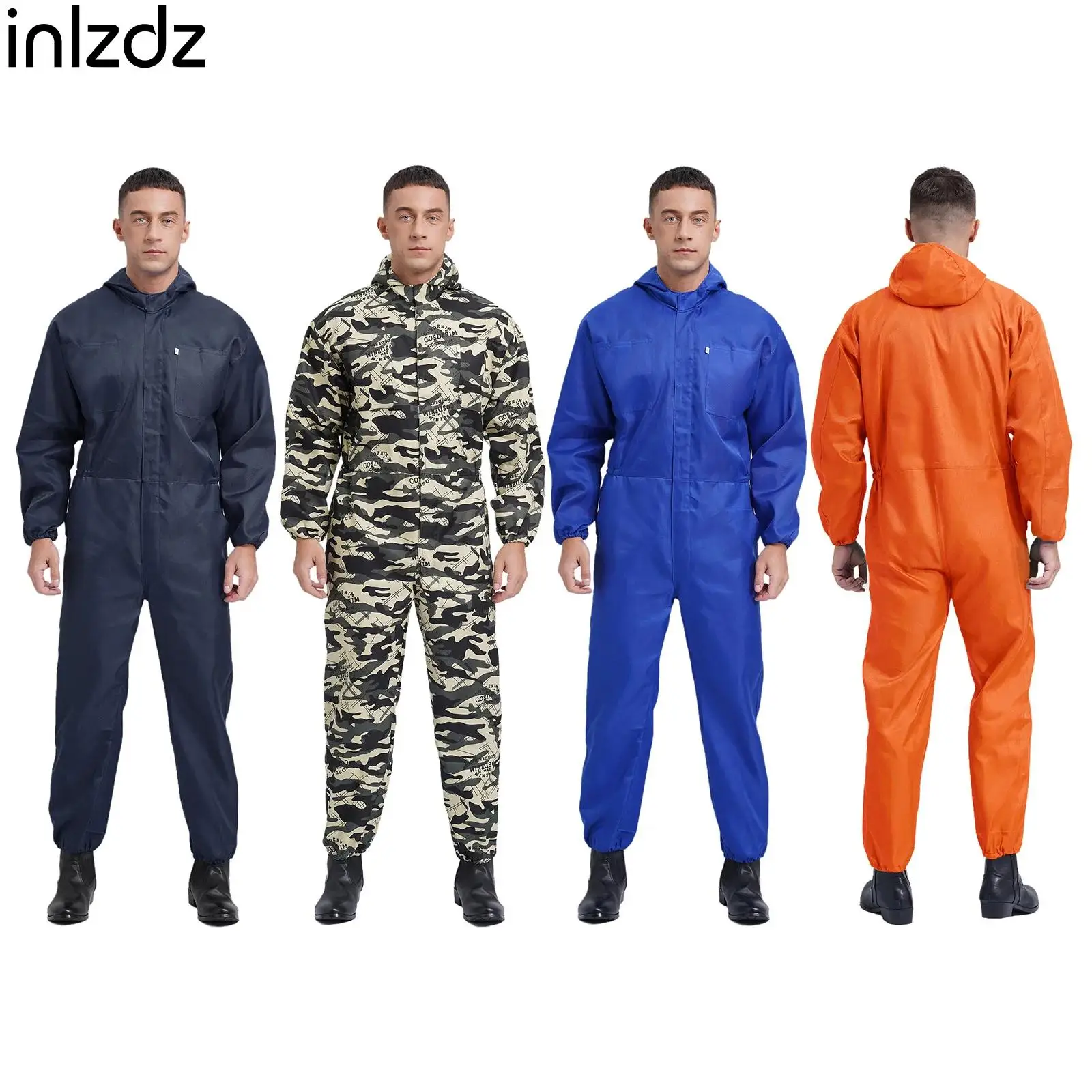 Mens Long Sleeve Workshop Worker Painter Jumpsuit Festival Cosplay Costume Dustproof Hooded Coverall Overalls Jumpsuit Dungarees