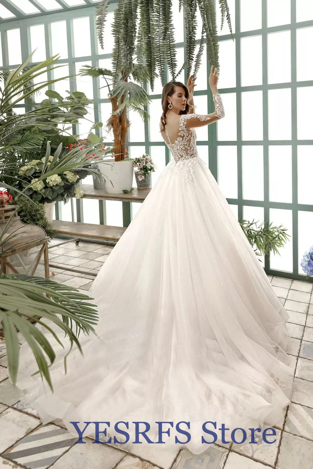 Vestido de novia de larga y cuello redondo، شفاف، ilusia trasera، بلانكو، Apliques de encaje،