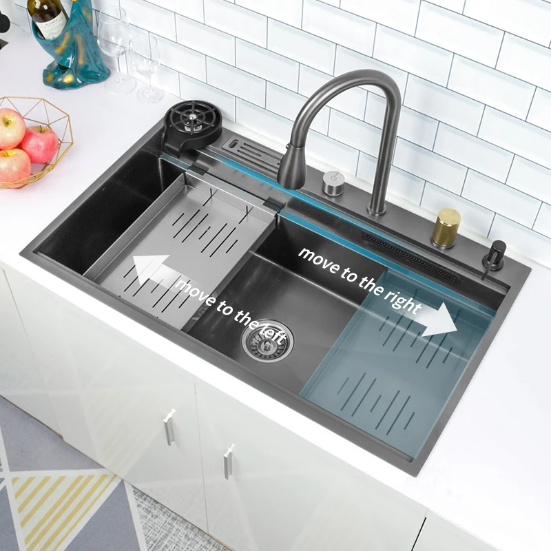 

New Black Nano 304 Stainless Steel Waterfall Kitchen Sink Large Single Slot Wash Basin With Multifunction Touch Waterfall Fauce