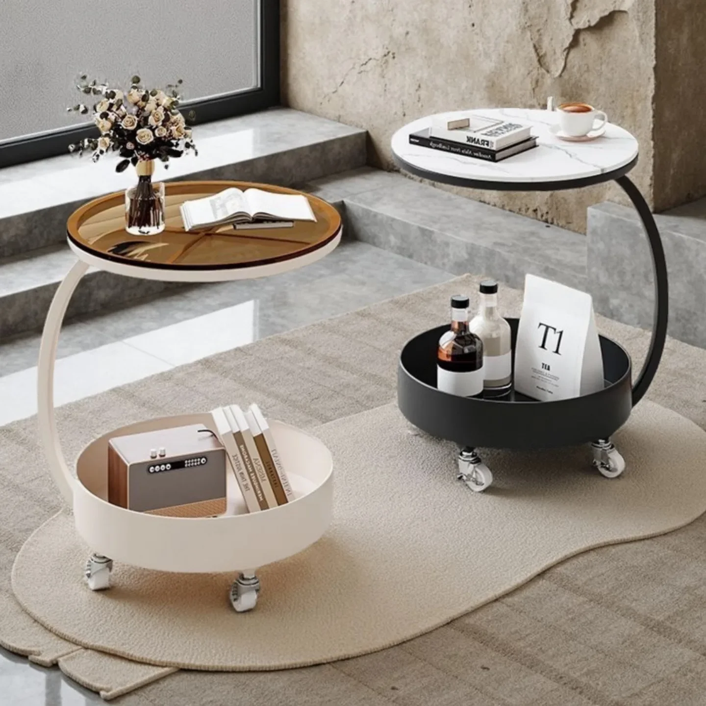 Living Room Sofa Edge Table Light Luxury Corner Cabinet Small  Simple Iron Snack Shelf Double Layered Movable Trolley
