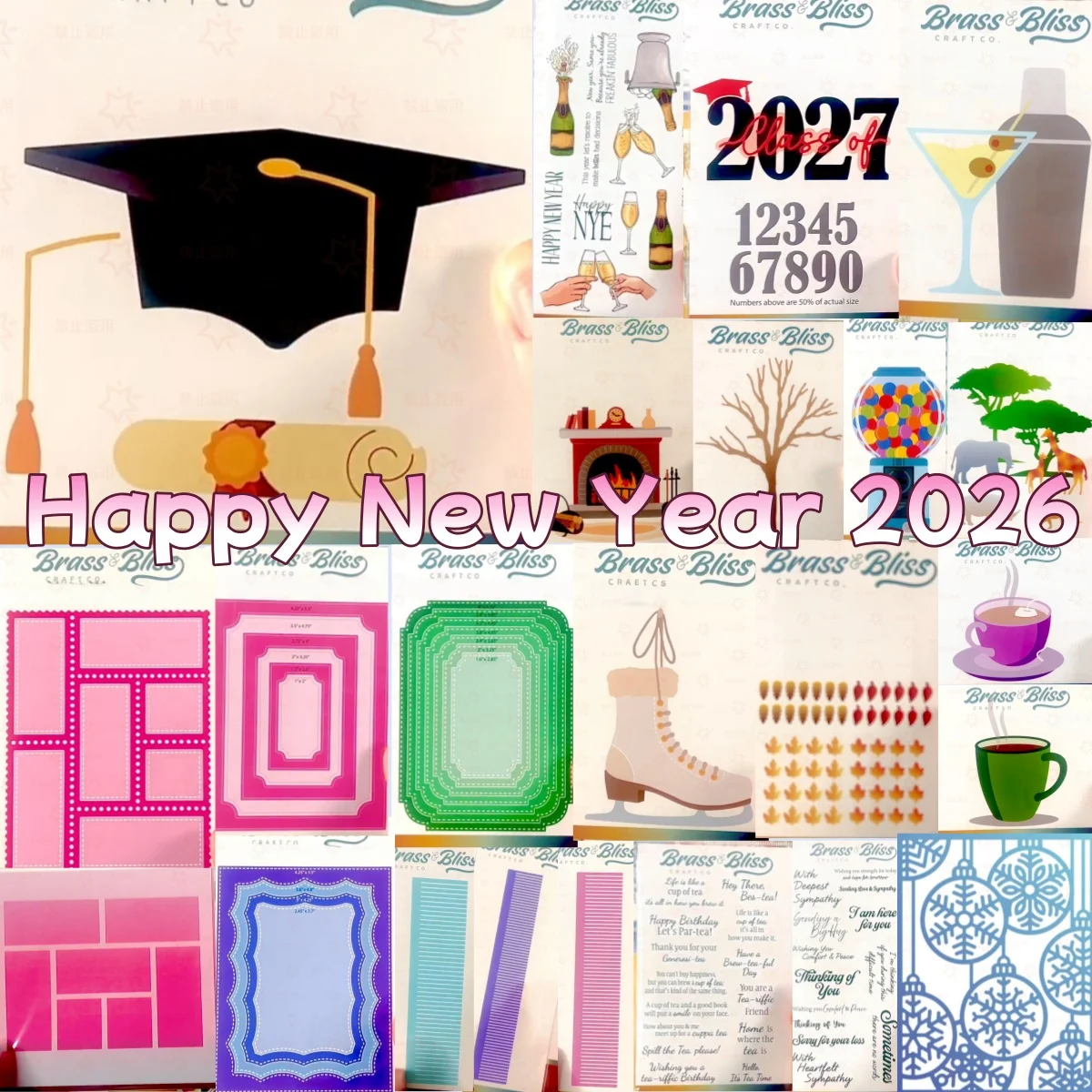 

Happy New Year 2026 Fireplace Skate Teacup Fall Tree Animals Clear Stamps Metal Cutting Dies Stencil For DIY Scrapbook Diary