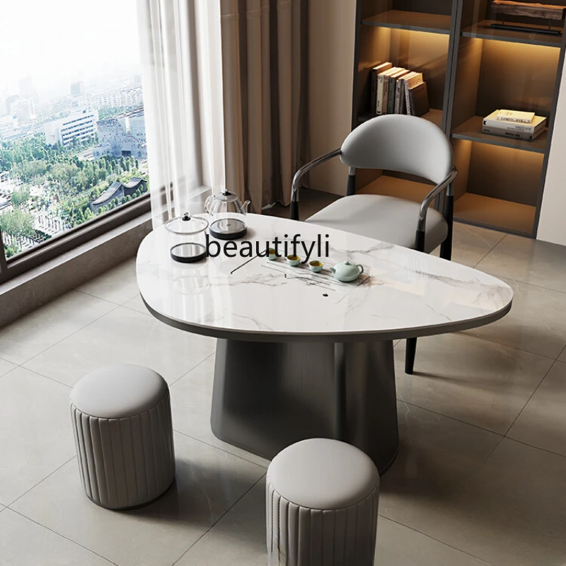 

Light Luxury Balcony Table-Chair Set Italian Simple Tea Table Kettle Integrated Stone Plate Tea Making Table