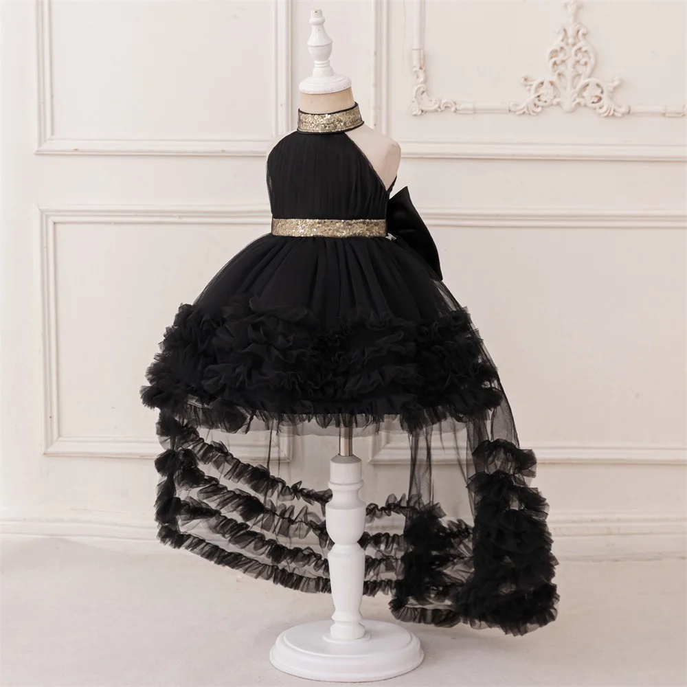 Baby Girls Elegant Black Party Dress Kids Trailing Lace Fluffy Birthday Gown Girl Fashion Big Bow Evening Clothing Toddler Wear