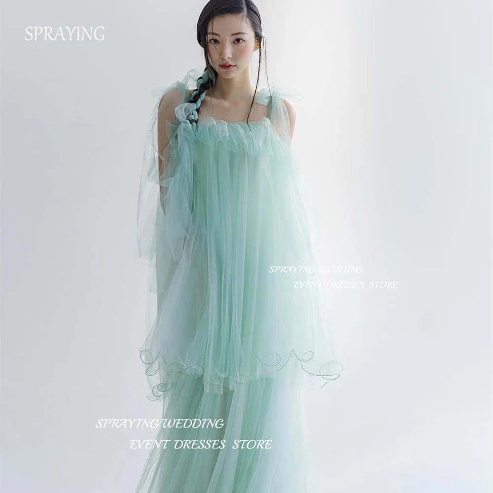 

SPRAYING Spaghetti Strap Tulle Korea Wedding Dresses Floor-Length Long Tiered Corset Back Photo Shoot Simple Prom Dress 웨딩드레스