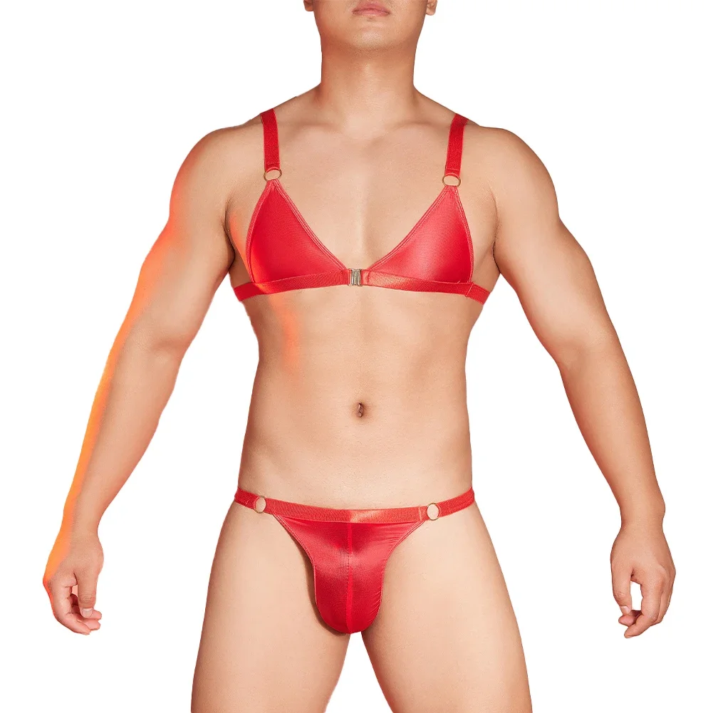 

Mens Bra Panties Set Oil Glossy Sissy Three-point Bikini Porno Lingerie Suit T-Back Ultrathin Underwear Briefs Thong Underpants