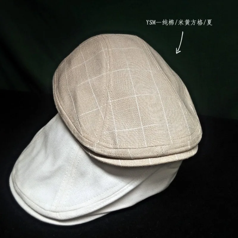 Unisex Light Gray Plaid Flat Beret Cap, Pure Cotton Thin Breathable British Retro Peaked Hat for Men Spring Summer Daily Wear