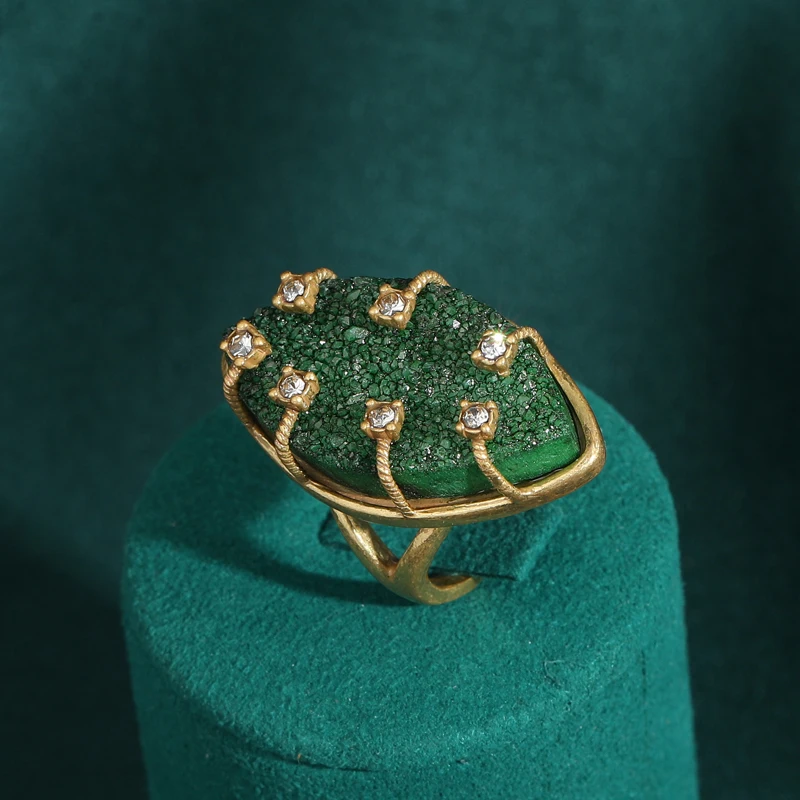 Vintage Wedding Rings for Women Round Blue Natural Oval Green Crystal Horse Eye Shape Glass Retro Pattern Gold Color Jewelry