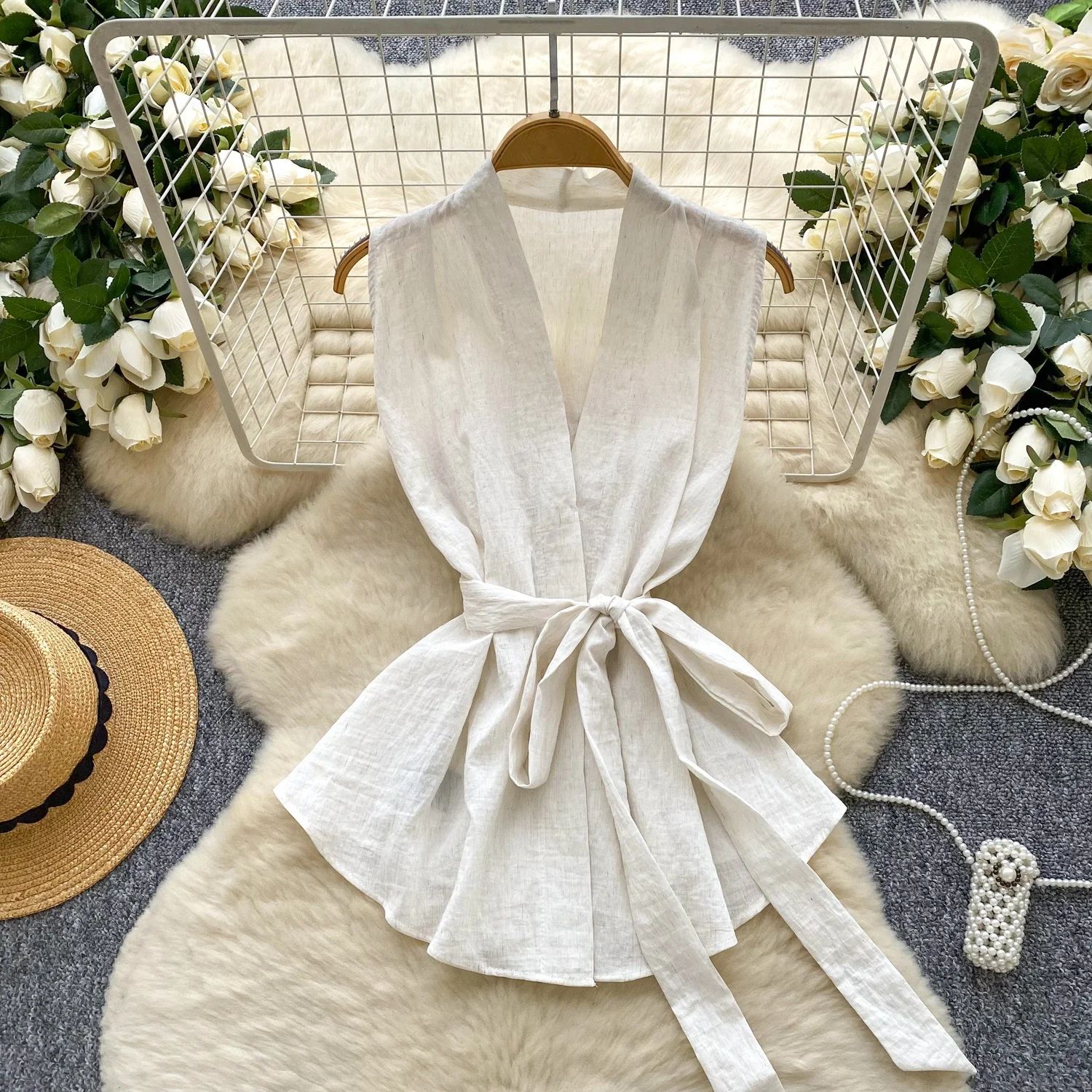 

Clothland Women Elegant Cotton Linen Blouse Sashes V Neck Sleeveless Shirt Female Office Wear Tops Mujer WA327