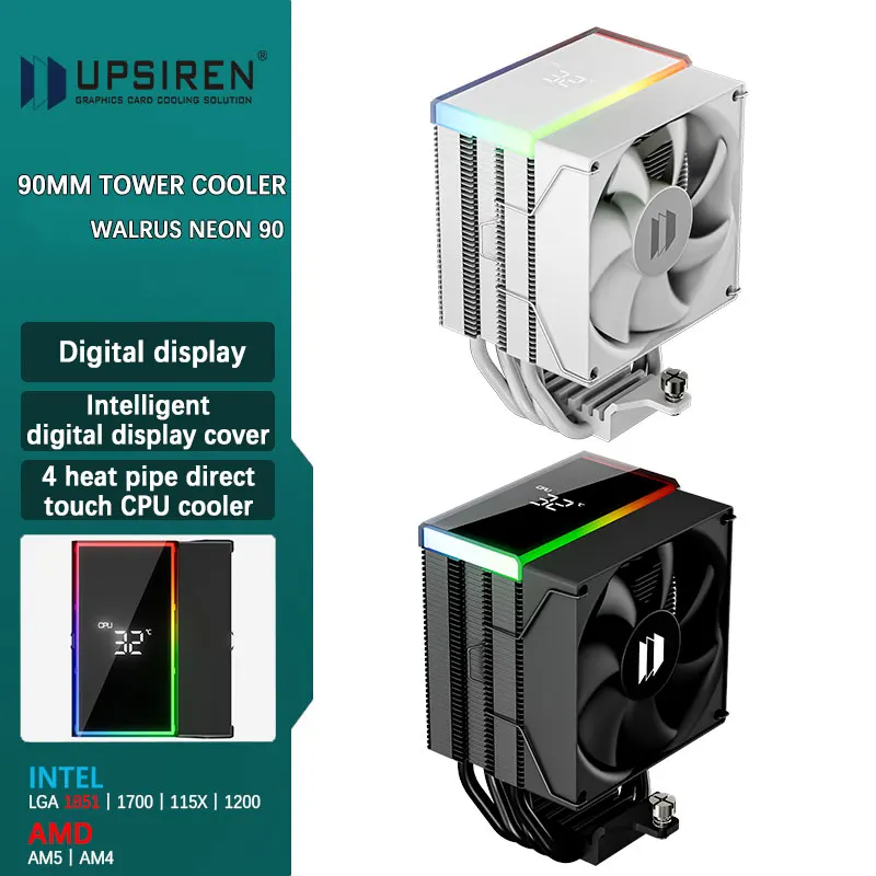 

UPSIREN Walrus Neon 90 Digital 4 Heatpipe Direct Touch CPU Air Cooler high-performance fan supports INTEL LGA1851/1700 AMD AM5