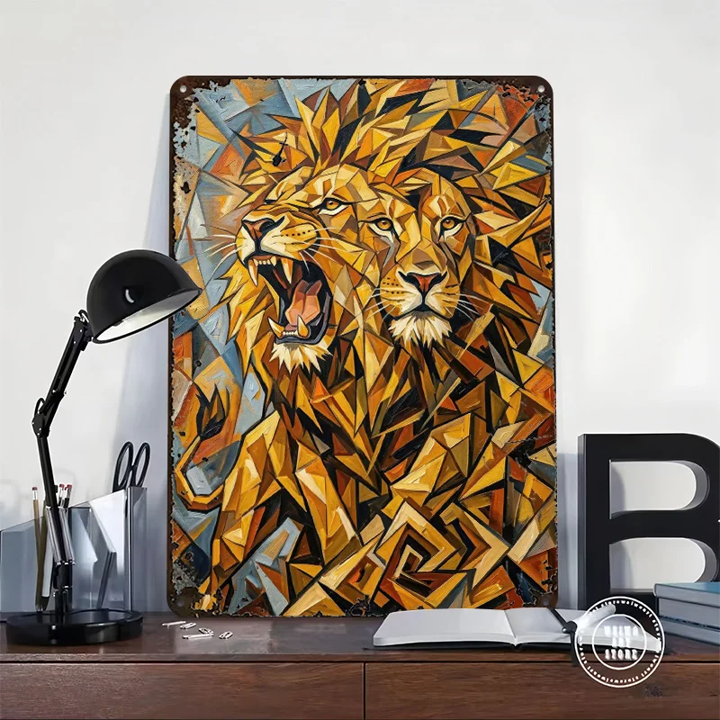 Geometric Lion Roaring 3D Texture Metal Poster Customized Wall Art Tin Sign Gift for Mancave Home and Decoration Room Man Cave