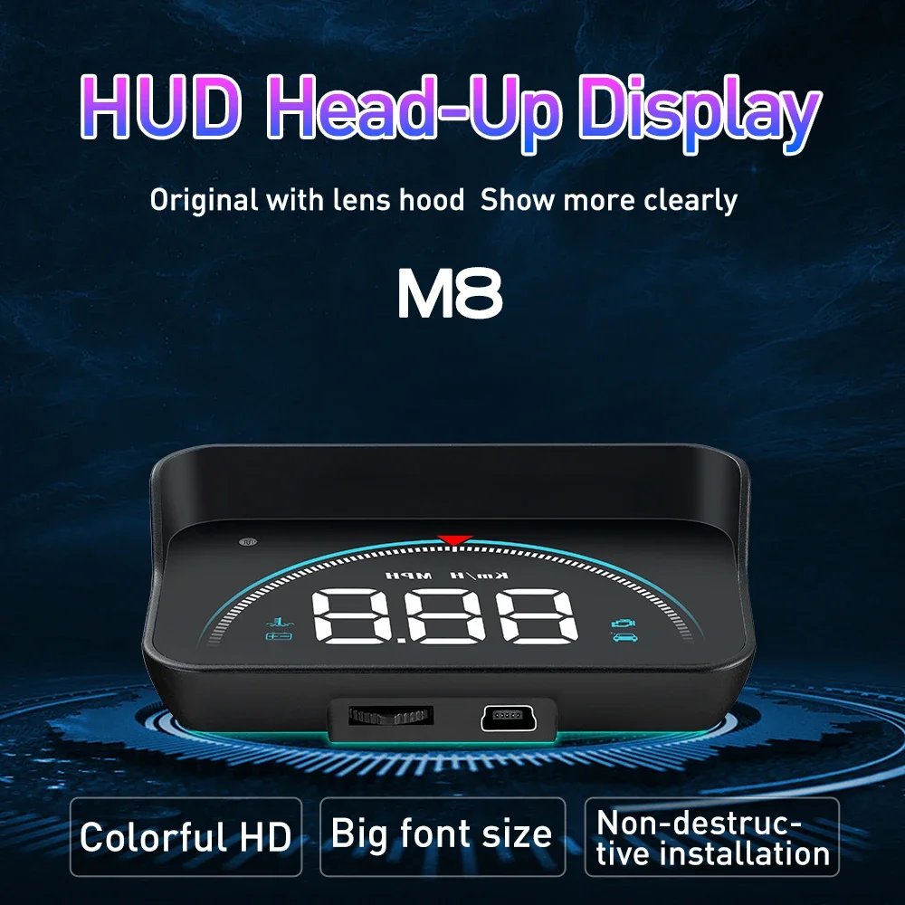 

OBD2 LED Colorful HD Head Up Display Speedometer Speed RPM Fuel Consumption Driving Time With Alarm Buzz Windshield Projector M8