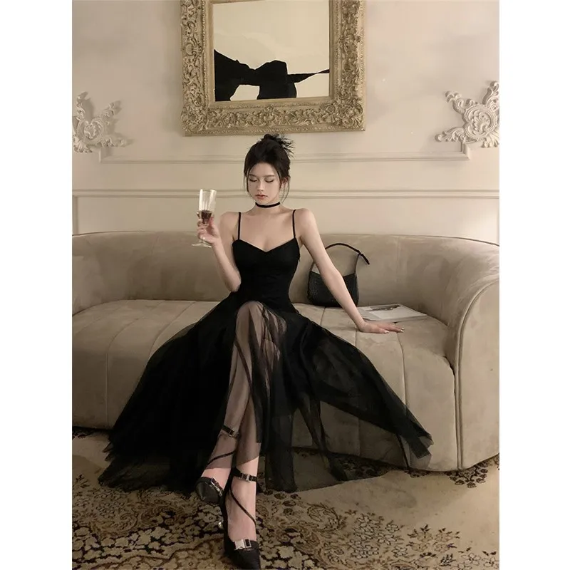 

Black strap new pure wind ballet gauze feel temperament MIDI dress