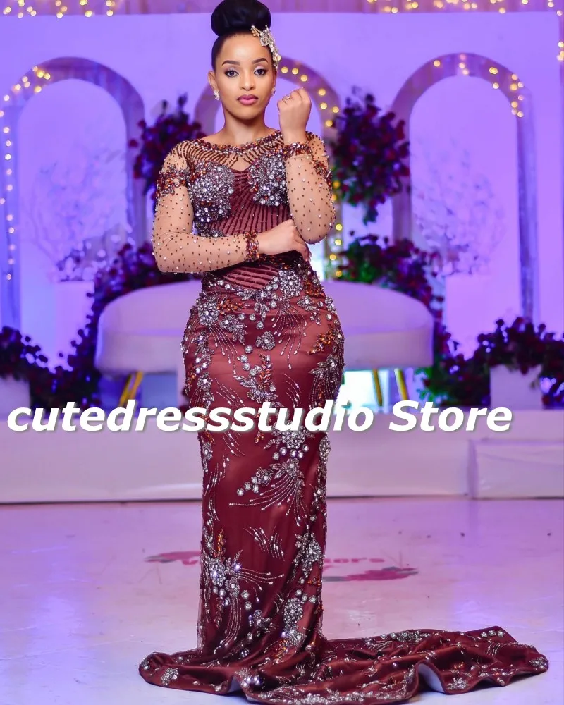 Formal Mermaid Evening Dresses Long Sleeves Beading Aso Ebi Prom Gowns 2024 African Wedding Reception Party Dress Customized