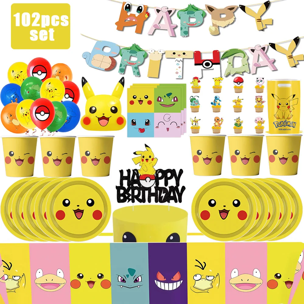 

Pokemon Birthday Party Supplies Pikachu Decoration Banner Balloons Tableware Set Plates Napkins Baby Shower Children's Toy Gifts