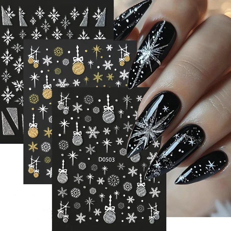 1pc Sparkling Christmas Nail Art Stickers Silver Foil Embossed Self-Adhesive Nail Decal with Snowflakes Crystal Ball for Festive