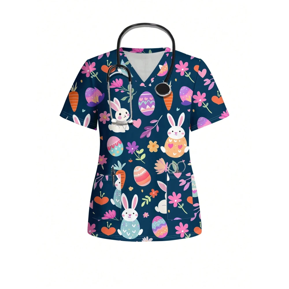 Cartoon Animal Nursing Scrubs Tops Women Nurse Uniform Women Fashion V-Neck Pocket Overalls Medical Uniforms Uniformes Woman ﻿