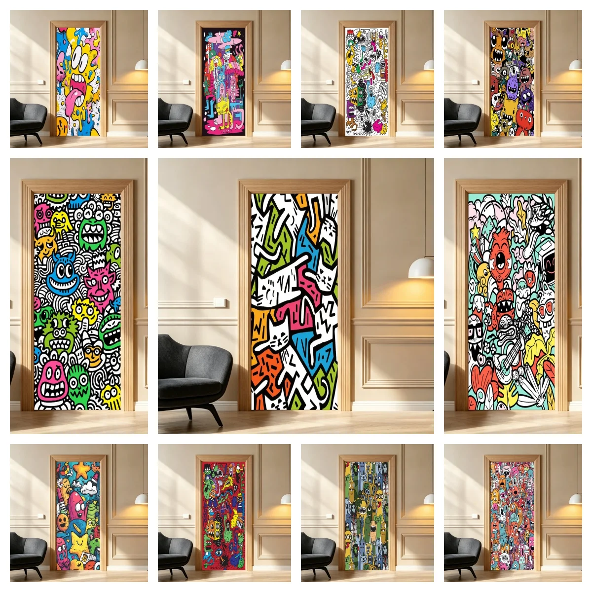 Colorful Monster Doodle Graffiti Door Sticker Full Door Covered Wallpaper Self-adhesive Sticker for Wall Decals Home Decoration