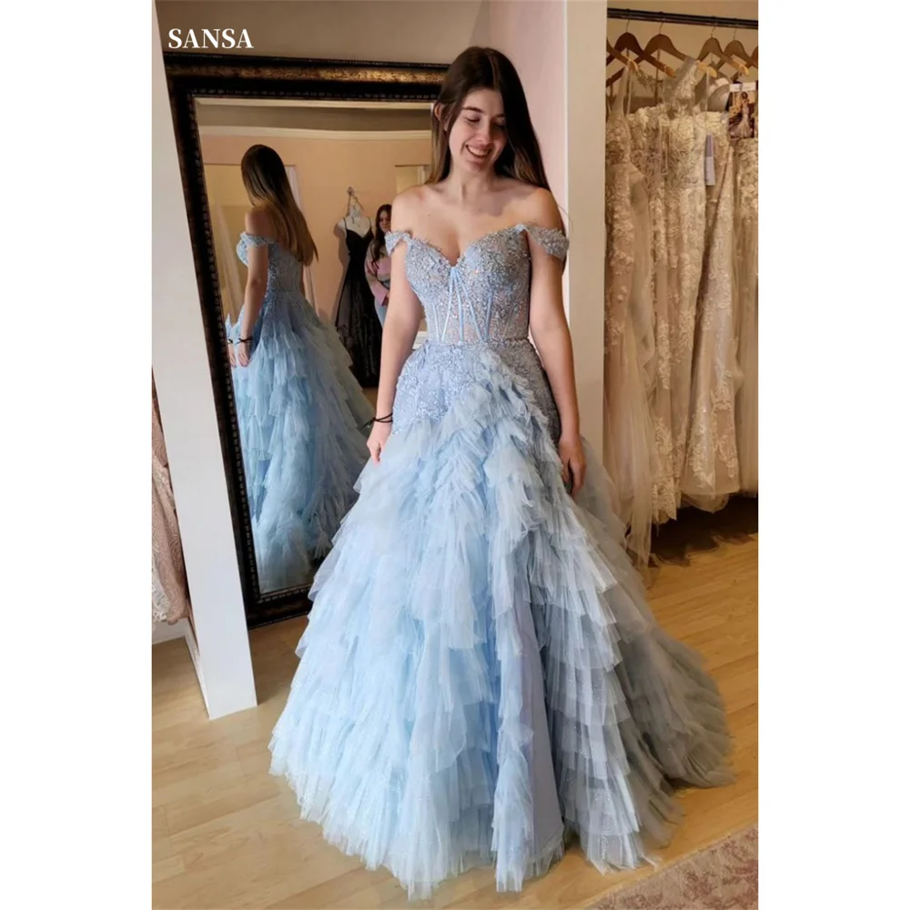 Sansa Luxury Lace Embroidery Prom Dress V-neck A-line Vestidos De Noche Elegant Sleeveless Floor-Length Wedding Dresses 2024