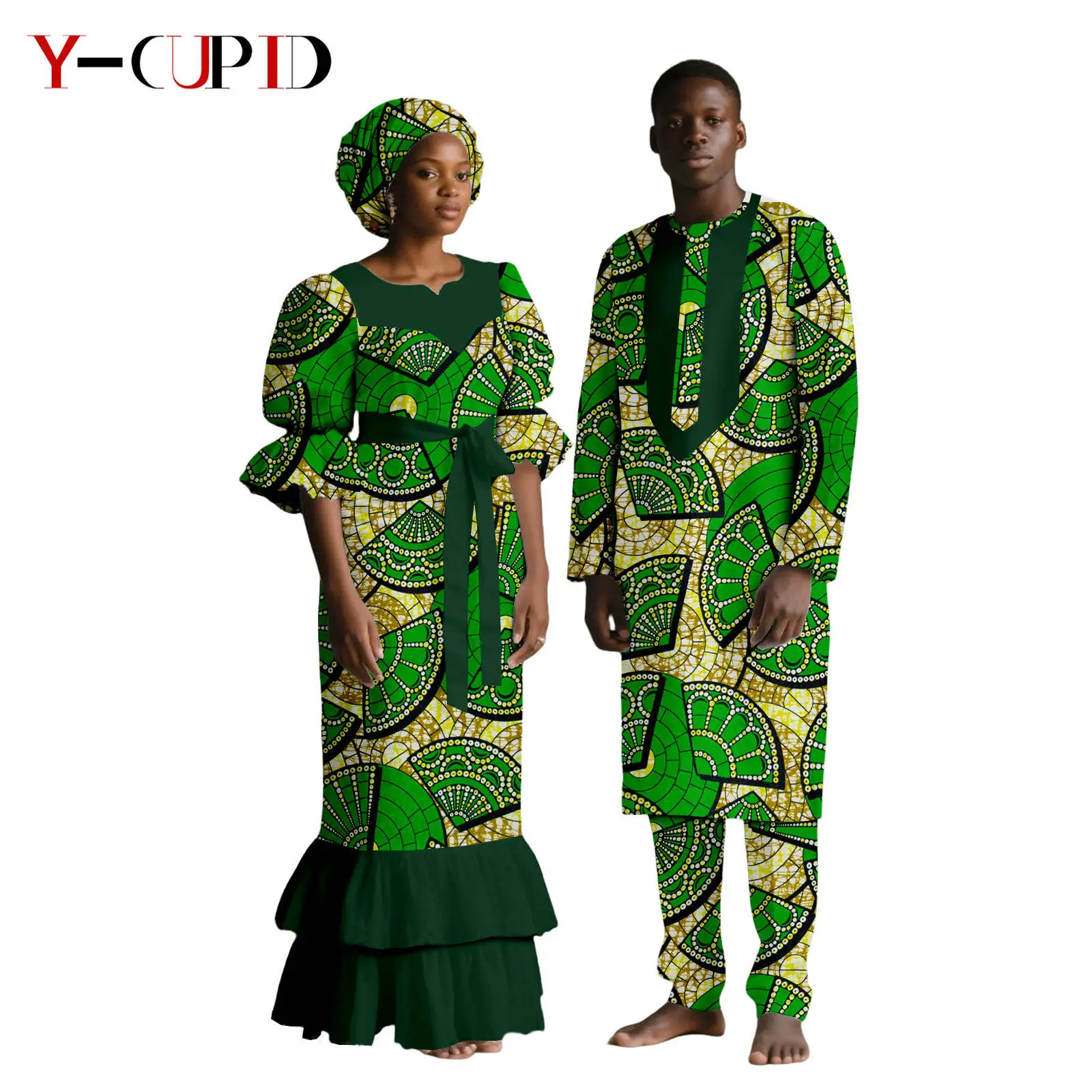 فساتين مطبوعة أفريقية مع غطاء للرأس للنساء أطقم ملابس علوية وسراويل متطابقة للرجال ملابس بازان الثراء الأفريقية للزوجين 25C079 #2