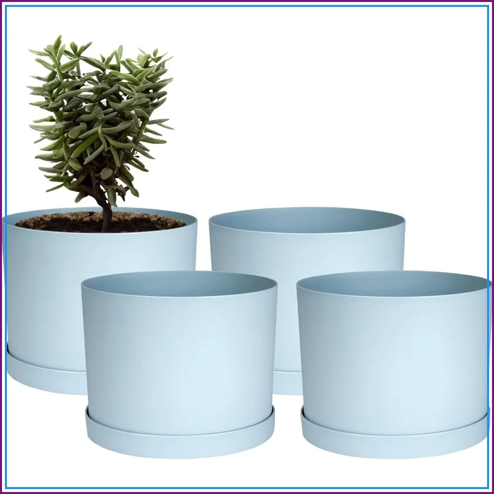 6 inch Modern Plastic Planter with Saucer, Misty Blue, 4-Pack for Indoor/Outdoor Plants