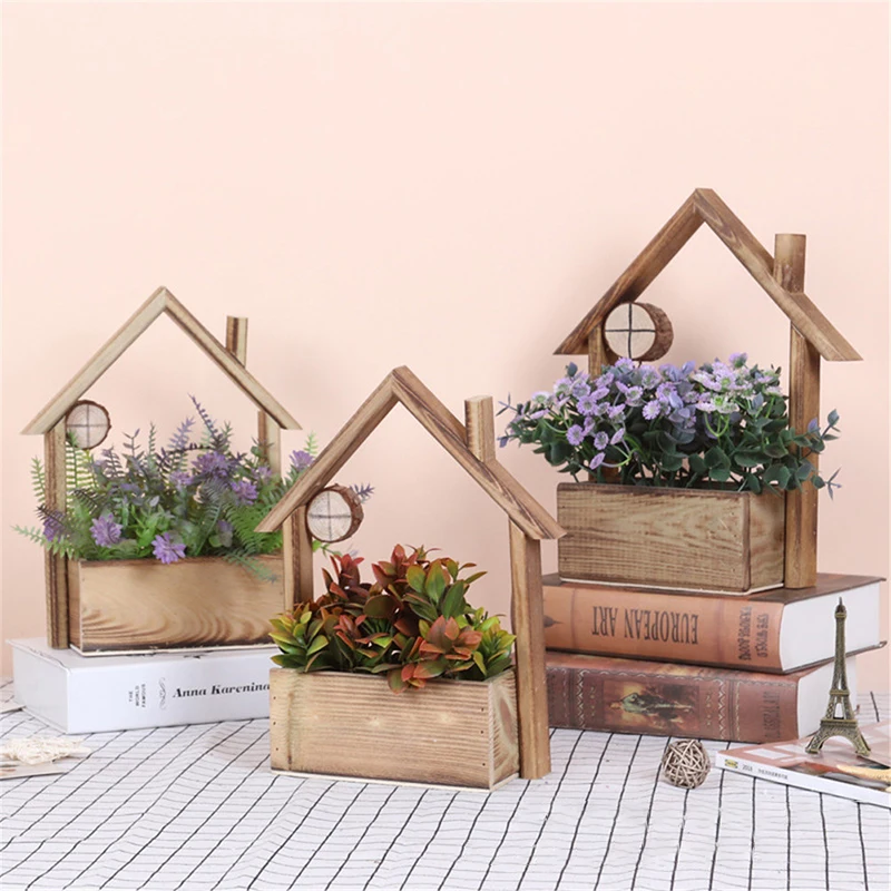 Nordic Wooden Hanging Basket Retro Room Shape Flower Pot Beach Villa Wall Balcony Holidays Rustic Garden Decorations