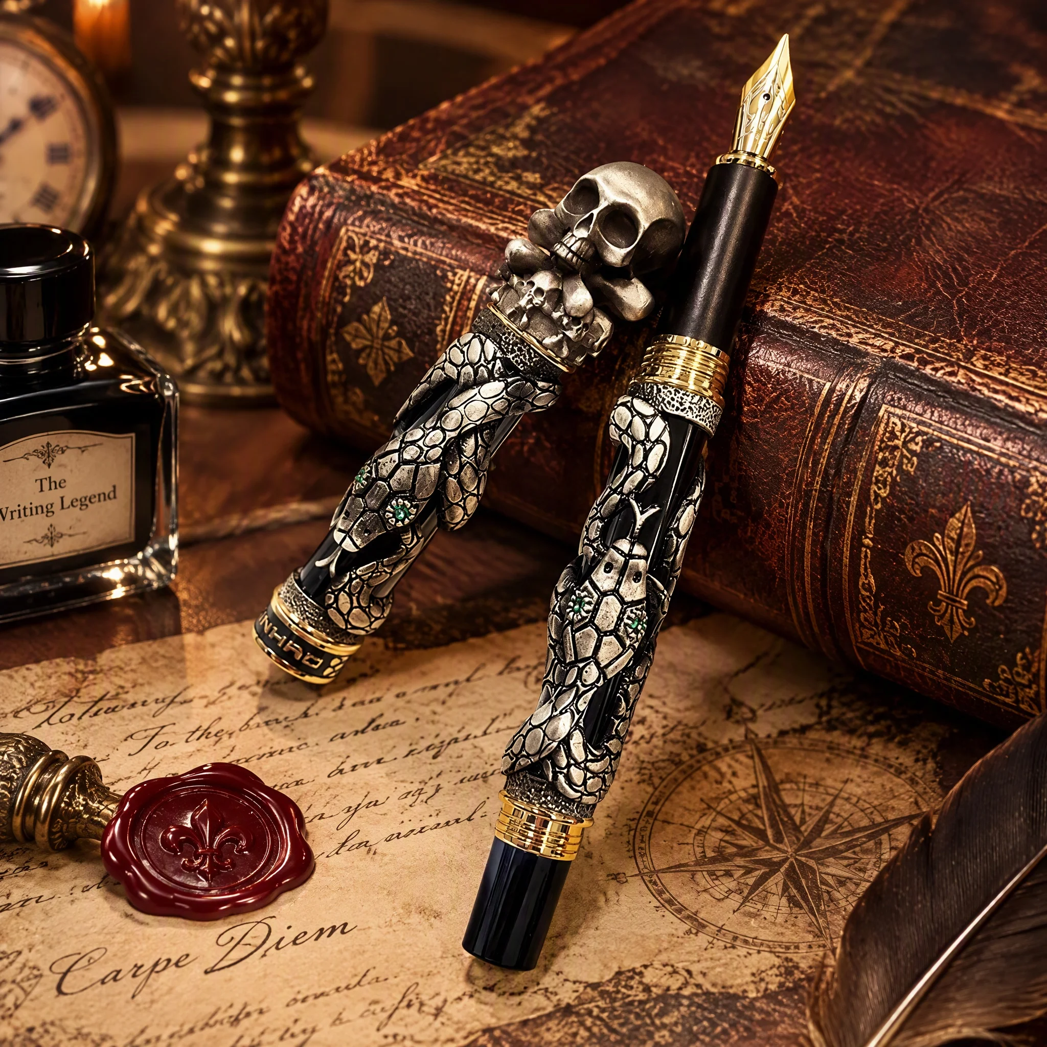 Jinhao Skull Head Ancient Silver Embossed Fountain//Roller Pen, Luxury Heavy Office Business Writing Collection Pen
