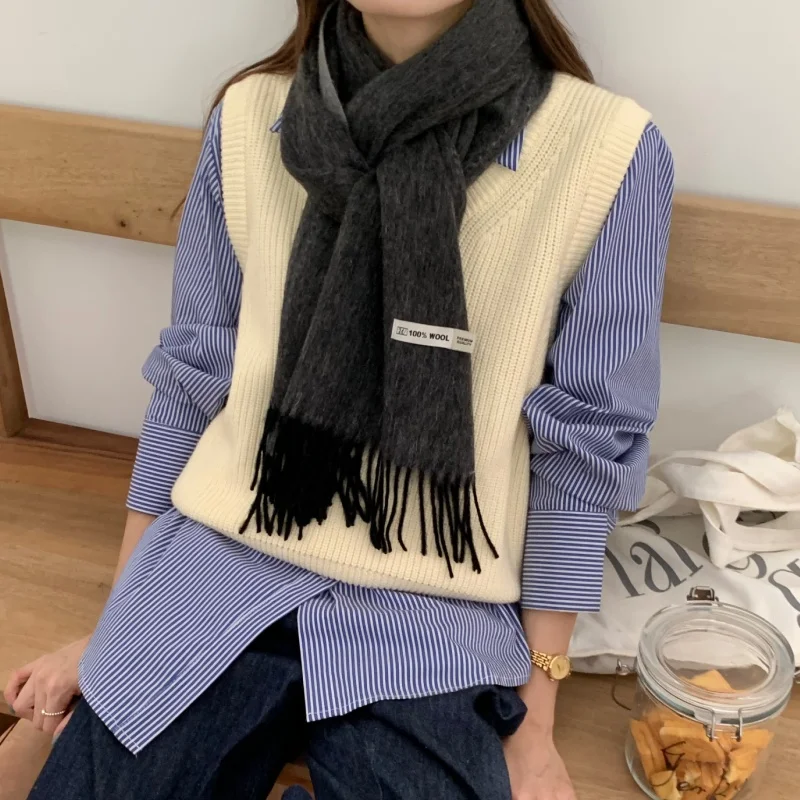 100% Australian Wool Double Sided Scarf, Minimalist Solid Narrow Winter Warm Neck Wrap for Women Men Couple Daily Wear