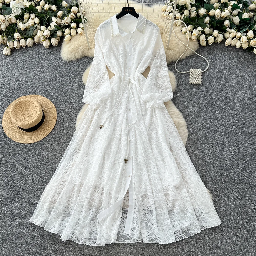 Women Solid Dresses Lace Rhinestones Dress Ankle Lenth Long Lantern Sleeves Drawstring Waist Loose Elegant 2025 Spring Autumn