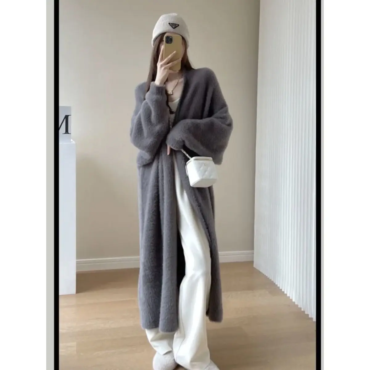 Gentle White Faux Mink Fur Coat for Women Medium to Long Length Sweater Lazy Style Knit Cardigan Jacket for Women