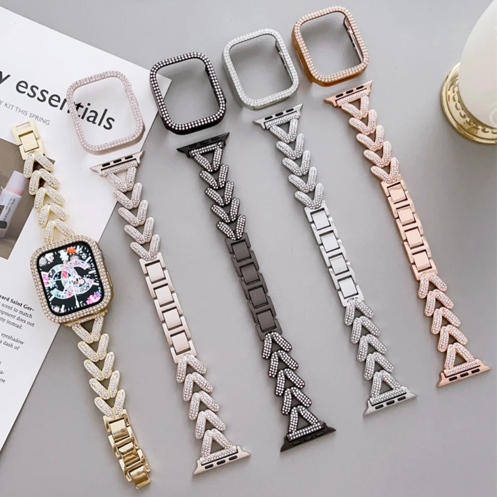 

Heart-shaped Diamond Bracelet 45mm 41mm For Apple iWatch Series 9 8 7 6 5 4 SE Metal Strap 40mm For Apple Watchband Ultra 2 49mm