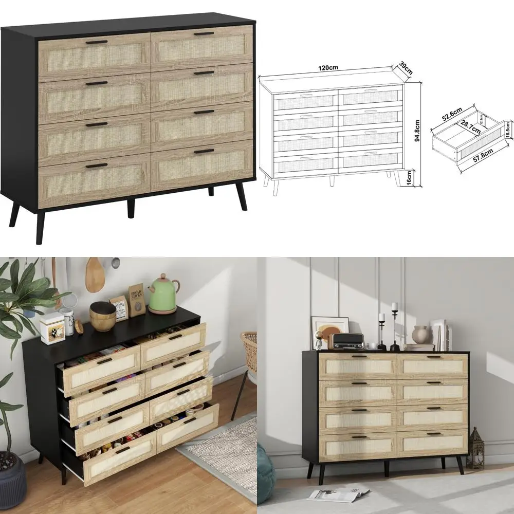 Wooden Rattan Dresser with 3, 6, or 8 Drawers - Spacious Storage Chest for Bedroom or Nightstand Use