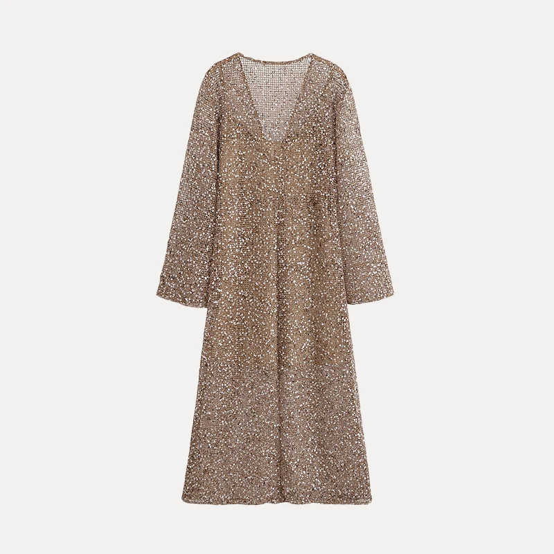 เดรสลูกปัดเอไลน์เอวสูงทรงเอ แขนยาว คอวี สีพื้น สำหรับผู้หญิง แฟชั่นฤดูร้อน รุ่นใหม่ล่าสุด