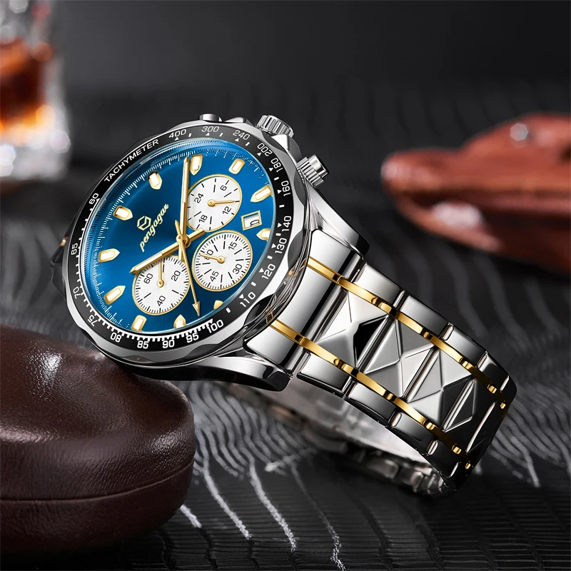 PENGAGAR Luxury Man Wristwatch Sports Chronograph Luminous Waterproof Date Men Watch Stainless Steel Men\'s Watches Quartz Clock