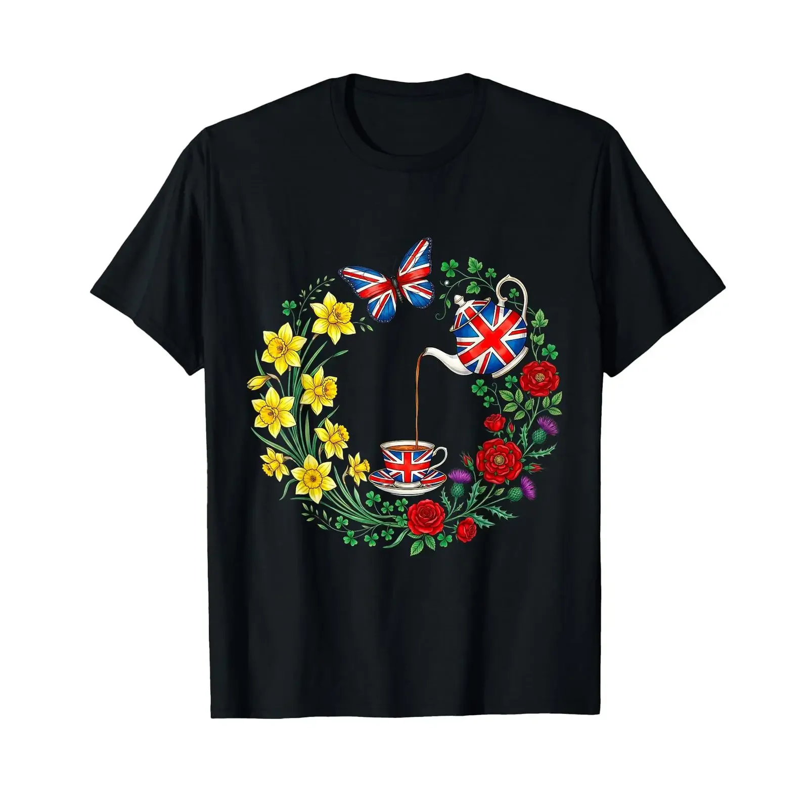 Union Jack Teapot Cup Floral Wreath British Tea Time T Shirt vintage Washed Slightly graphic Comfortable Breathable Stylish
