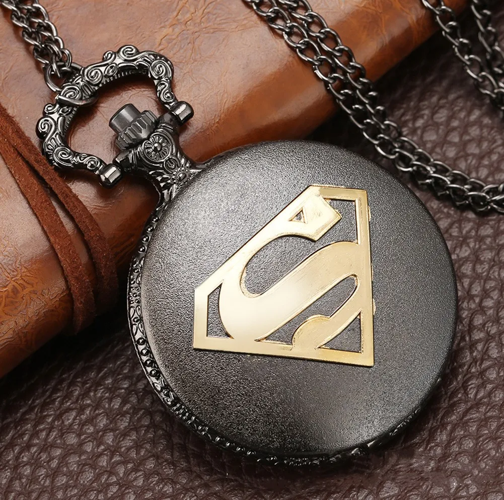 Fashion Superman Pocket Watch Cool Black Blue Dial Pendant Watches High Quality Necklace Chain Fob Pocket Watch For Super Gifts