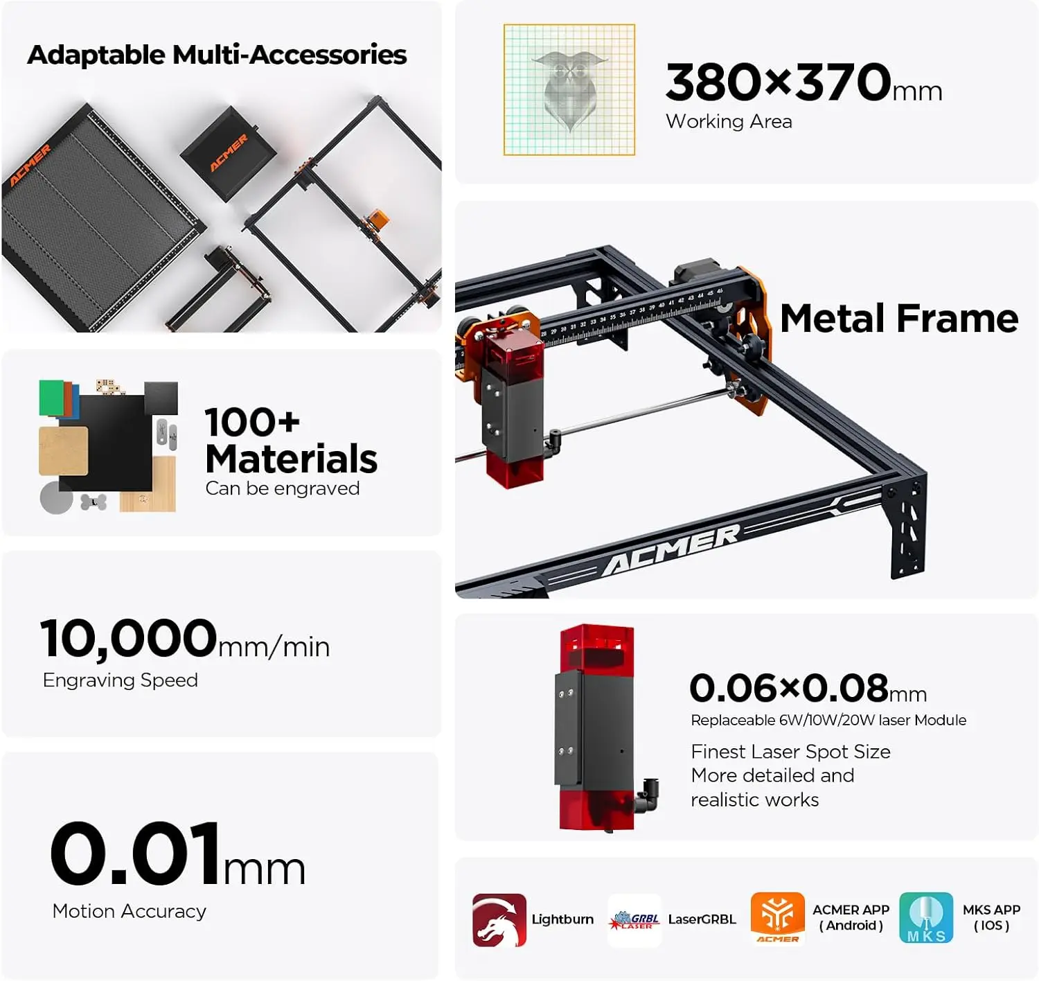 Acmer Laser Engraver Machine, P1 S Pro 6W(6000mW) Cutting Machine 380x370mm Large Area, WiFi Control, Engraves Wood Acrylic Leat